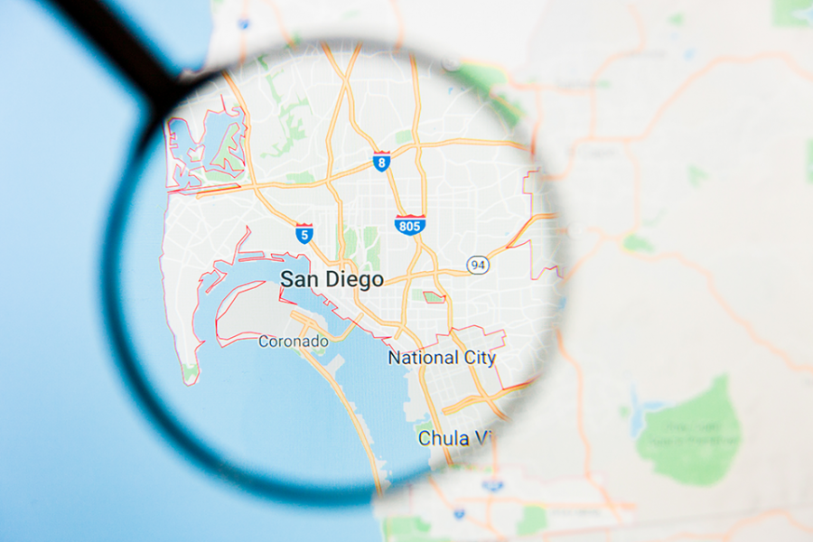 US Map with Magnifying Glass on San Diego