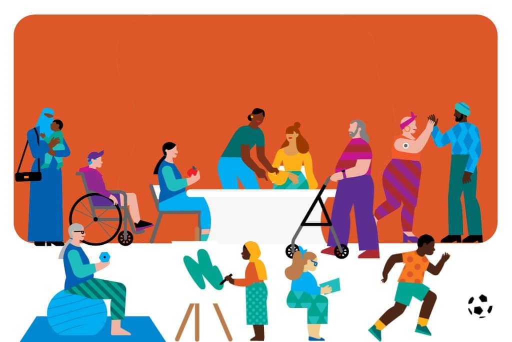 Diverse group of people interacting and learning