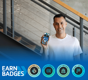 man with cellphone and example of badges you can earn